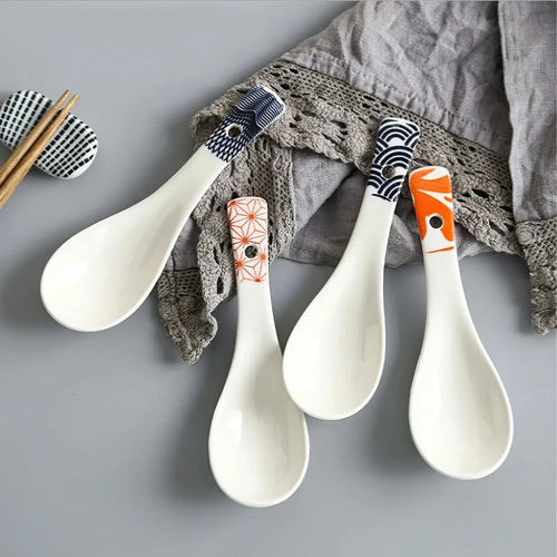 White Asian Soup Spoons | Classic Japanese Ceramic Spoon Tableware - 1 Pc