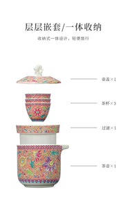 Pink Oriental Luxury Portable Travel Tea Set Pot 3 Cups with Case