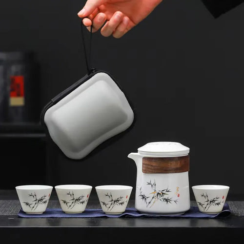 Bamboo White Porcelain Travel Portable GongFu Tea | Ceramic Gaiwan Teacup - 1 Set