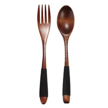 Load image into Gallery viewer, Braided Handle Wood Asian Soup Spoons and Fork Utensils 2 Pc Set