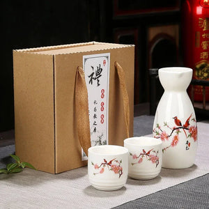 Japanese Painting Sake Set | Tokkuri Bottle and 2 Ceramic Cups - 3 Pc Set