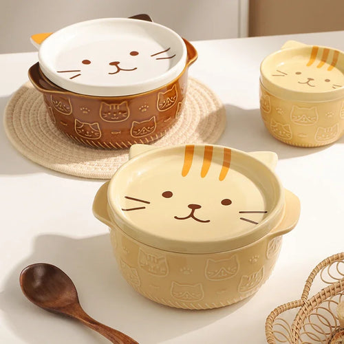 Cute Cat Ramen Bowls | Japanese Ceramic with Handle and Lid - 1 Set