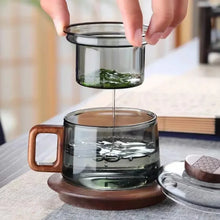 Load image into Gallery viewer, Glass Tea Infuser Cup with Filter &amp; Wood Handle | Heat Resistant Mug