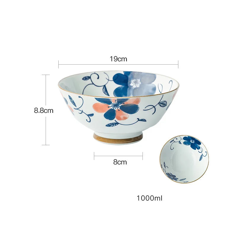 Blue & White Ramen Bowl | Japanese Retro Ceramic Noodle Rice Donburi Bowls - 1 Pc