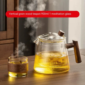 Glass Teapot with Spout and Wooden Handle | Matching Cup - 1 Set