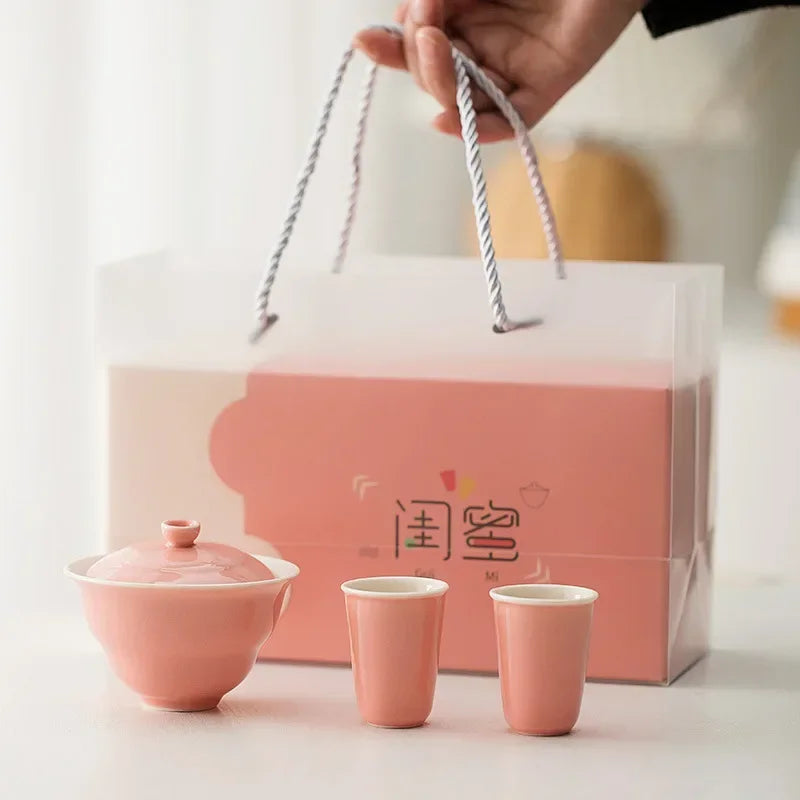 Pink Ceramic Chinese Tea Set | Cute Gong Fu Gift - 3 Pc