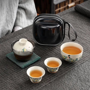 Bird & Flowers Chinese Travel Tea Set with Portable Case - 4 Pc