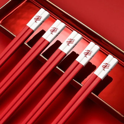 Red Dragon Chopsticks | Korean Metal Chinese Wedding Set - 5 Pairs