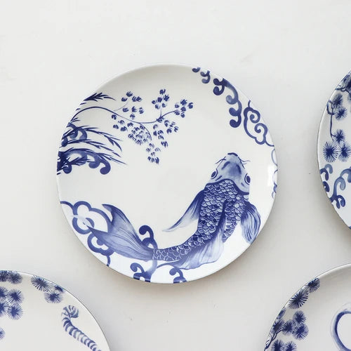 Koi Blue and White Plates | Chinese Ceramic Auspicious Animal Dinner Plate - 1 Pc