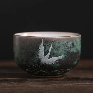 Flying Crane Japanese Tea Cups | Ceramic Animal Inspired Asian Drinkware - 1 Pc