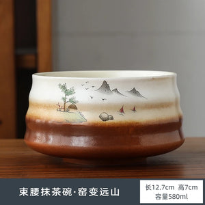 Brown & White Matcha Bowl Chawan | Japanese Landscape Tea Ceramic - 1 Pc