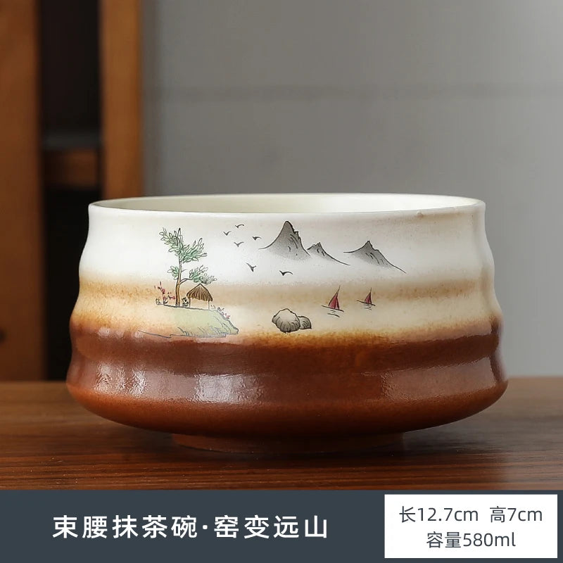 Brown & White Matcha Bowl Chawan | Japanese Landscape Tea Ceramic - 1 Pc