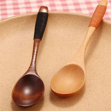 Load image into Gallery viewer, Braided Handle Wood Asian Soup Spoons and Fork Utensils 2 Pc Set