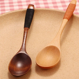 Braided Handle Wood Asian Soup Spoons and Fork Utensils 2 Pc Set