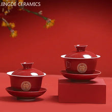 Load image into Gallery viewer, Red Chinese Tea Ceremony Set with Tray | Ceramic Wedding Teapot + Gaiwan Sets