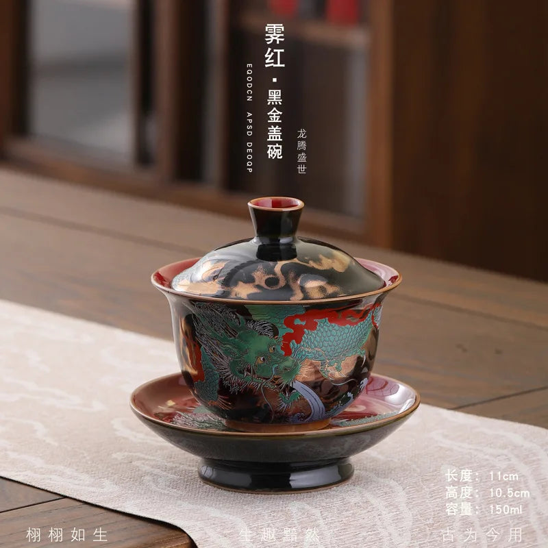 Royal Dragon Gaiwan Tea Bowl Set with Lid Saucer | Blue Ceramic Enamel