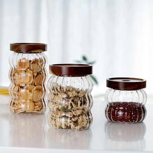 Load image into Gallery viewer, Wavy Glass Spice Jars with Wood Lid | Sealed Storage for Tea Coffee - 1 Pc