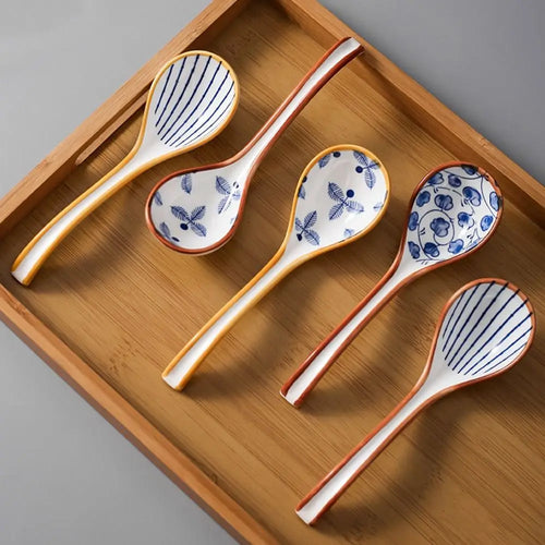 Exquisite Blue Pattern Ceramic Asian Soup Spoons | Yellow Japanese Long Handle Spoon - 1 Pc