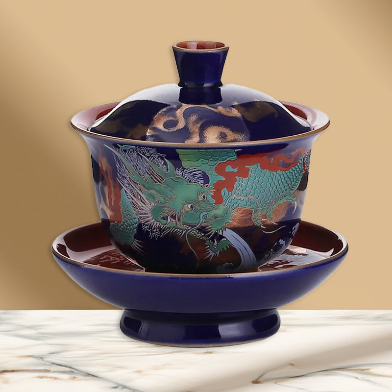 Royal Dragon Gaiwan Tea Bowl Set with Lid Saucer | Blue Ceramic Enamel