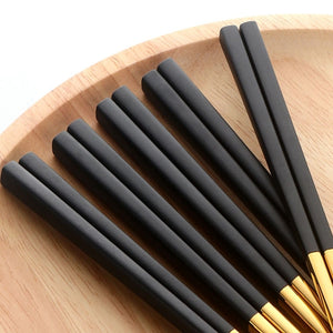 Gold and Black Chopsticks Stainless Steel Metal Reusable Chinese Luxury Contemporary | 5 Pair Set