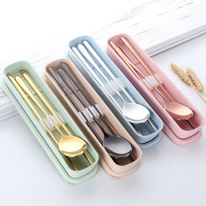 Gold Black Silver Pink Korean Stainless Steel Metal Reusable Chopsticks and Spoon Box Cutlery Set
