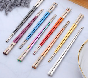 Silver and Gold Purple Blue Rose Gold Orange Pink Black Rainbow Stainless Steel Metal Reusable Chinese Novelty Chopsticks Non-Slip | 1 Pair