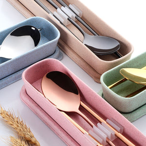 Gold Black Silver Pink Korean Stainless Steel Metal Reusable Chopsticks and Spoon Box Cutlery Set
