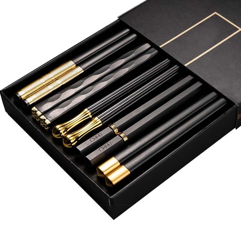 Black and Gold Japanese Luxury Reusable Metal Chopsticks Alloy Non-Slip Sushi Chinese Gift | 5 Pair Set