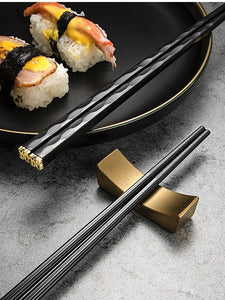 Black and Gold Japanese Luxury Reusable Metal Chopsticks Alloy Non-Slip Sushi Chinese Gift | 5 Pair Set