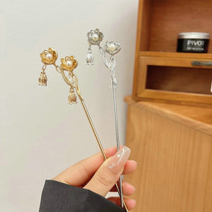 Gold Silver Lotus with Pearl Vintage Chinese Style Hairpins Hair Chopsticks Women's Metal Accessory  1 PC