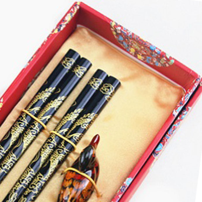 Gold Dragon with Duck Chopstick and Holder Luxury Gift Set (2 pairs)