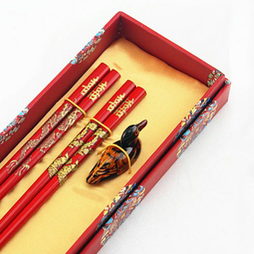 Happiness Red Dragon Chopstick and Holder Luxury Gift Set (2 pairs)