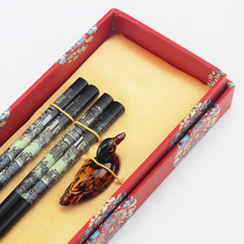 Landscape Painting Duck Chopstick and Holder Luxury Gift Set (2 pairs)