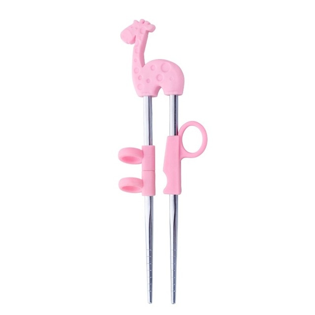 Kids Training Stainless Steel Chopsticks | Pink Giraffe in Silver (1 Pair)