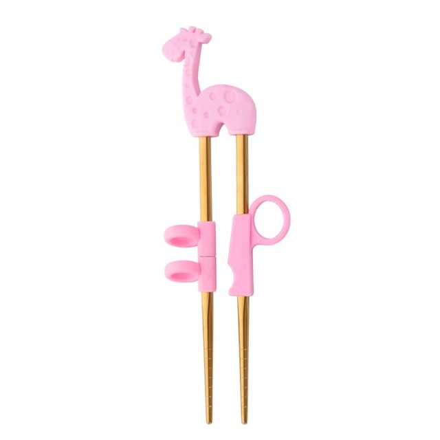 Kids Training Stainless Steel Chopsticks | Pink Giraffe in Gold (1 Pair)