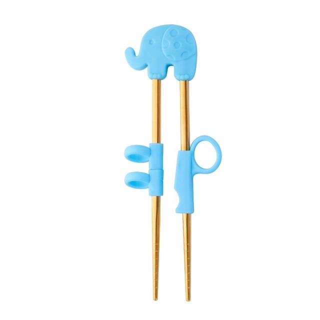 Kids Training Stainless Steel Chopsticks | Blue Elephant in Gold (1 Pair)