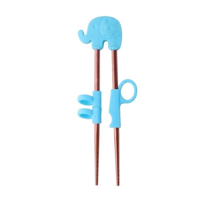 Kids Training Stainless Steel Chopsticks | Blue Elephant in Rose Gold (1 Pair)