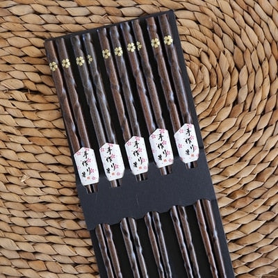 Decorated Japanese Style Dark Wood Bamboo Chopstick Set (5 pairs)