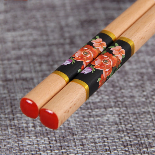Japanese Style Red Flowers Natural Wood Chopsticks (10 pairs)