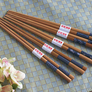 Natural Wood Bamboo Chopsticks with Blue Patterns (5 pairs)