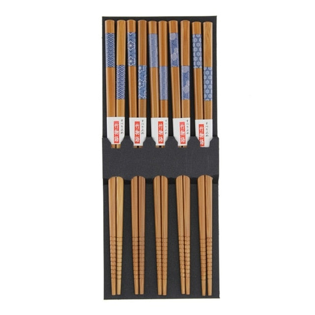 Natural Wood Bamboo Chopsticks with Blue Patterns (5 pairs)