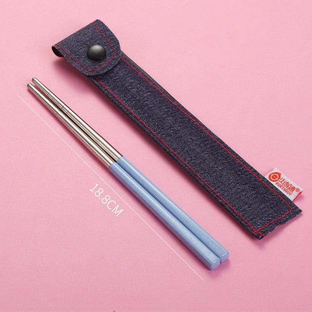 Blue Stainless Steel Short Chopsticks with Pouch