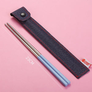 Blue Stainless Steel Chopsticks with Pouch