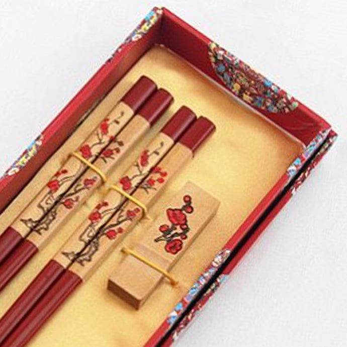 Red Wood Cherry Blossom Chopstick and Holder Luxury Gift Set (2 pairs)