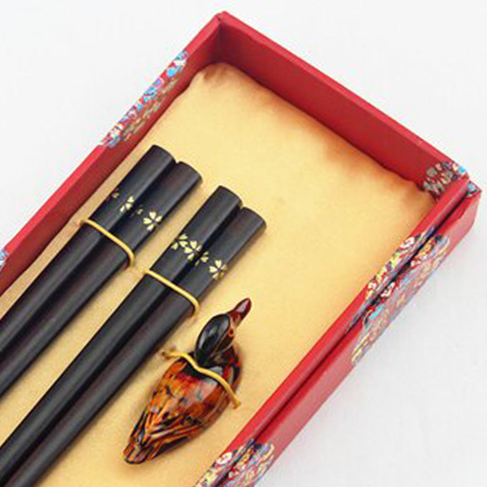 Dark Simple Flower Chopstick and Holder Luxury Gift Set (2 pairs)